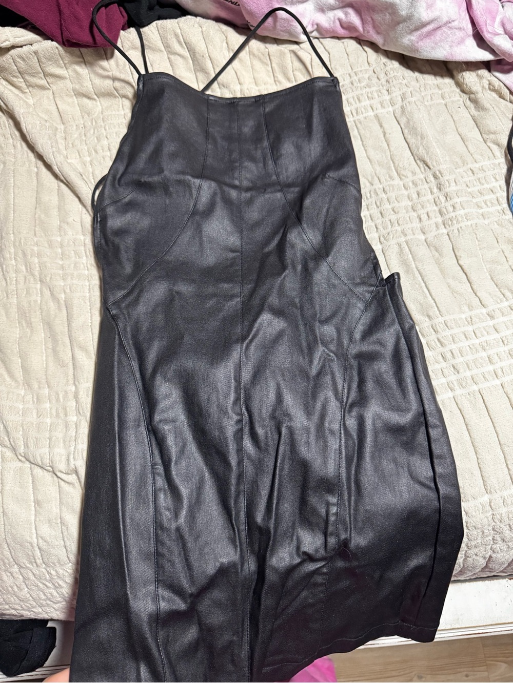 Black Faux Leather Slip Dress with Spaghetti Straps-EDIKTED